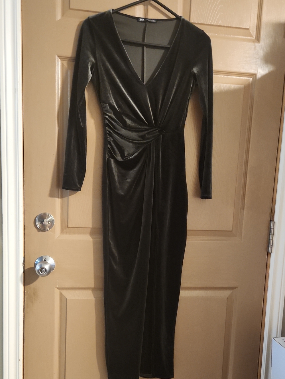 ZARA Green Velour Twist-Detail Long Sleeve Midi Dress Sz XS